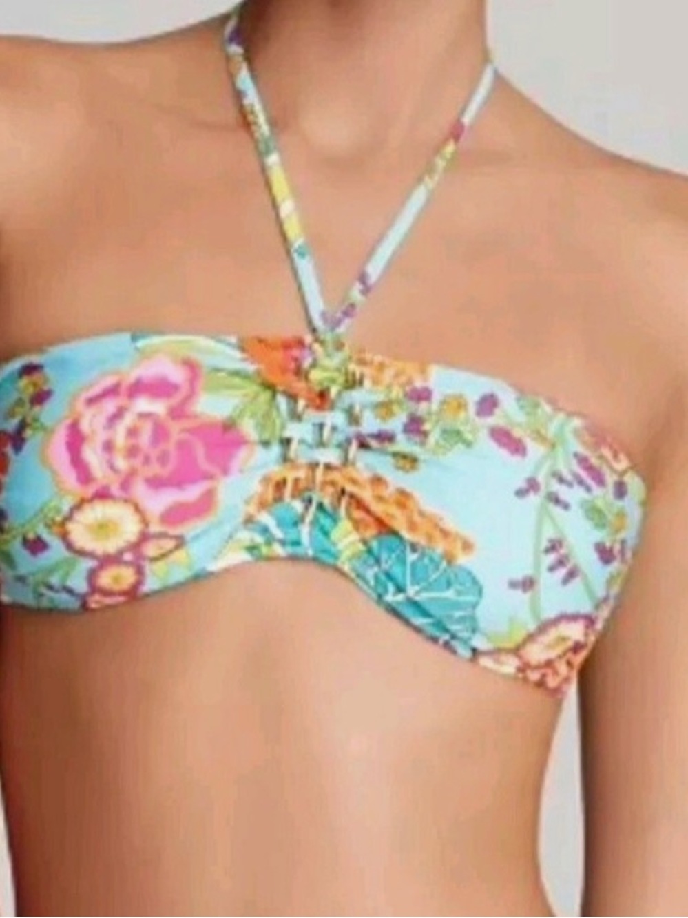 Trina Turk Turquoise Floral Bandeau Bikini Top with Halter Tie in Tokyo Bay.